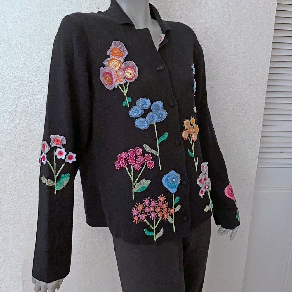 Smitten by Michael Simon Black Appliqued Foral Cardigan